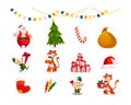 Collection of Santa Claus, year mascot tiger and Santa elves characters, Christmas decor elements